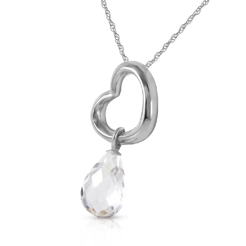 Onyx gem necklaces-14K Solid White Gold Heart Necklace with Dangling Natural White Topaz