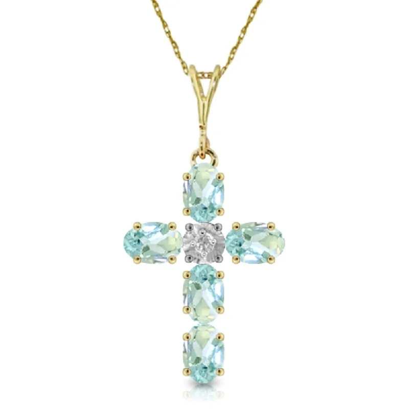 Sapphire gem necklaces-1.75 Carat 14K Gold Cross Necklace Natural Diamond Aquamarine