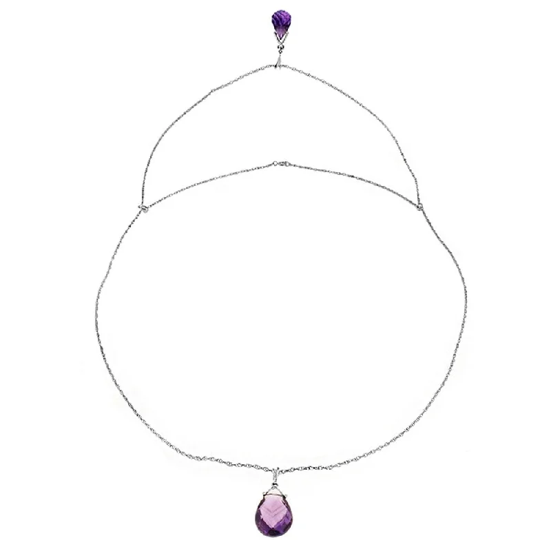 Luxe stone necklaces-14K Solid White Gold Front and Back Drop Necklace with Briolette Amethysts