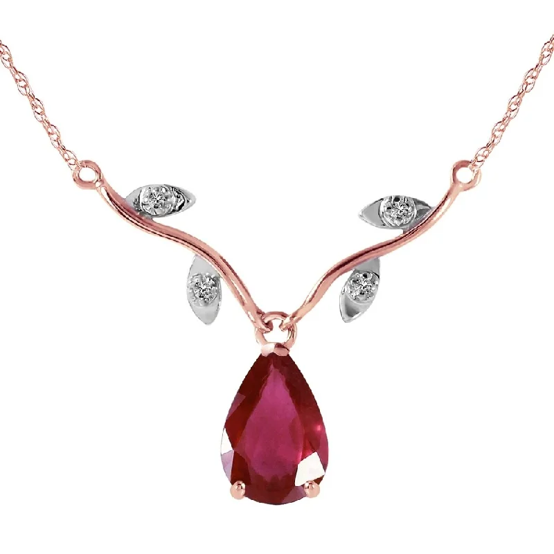 Solid link necklaces-14K Rose Gold Natural Diamond & Ruby Necklace Genuine