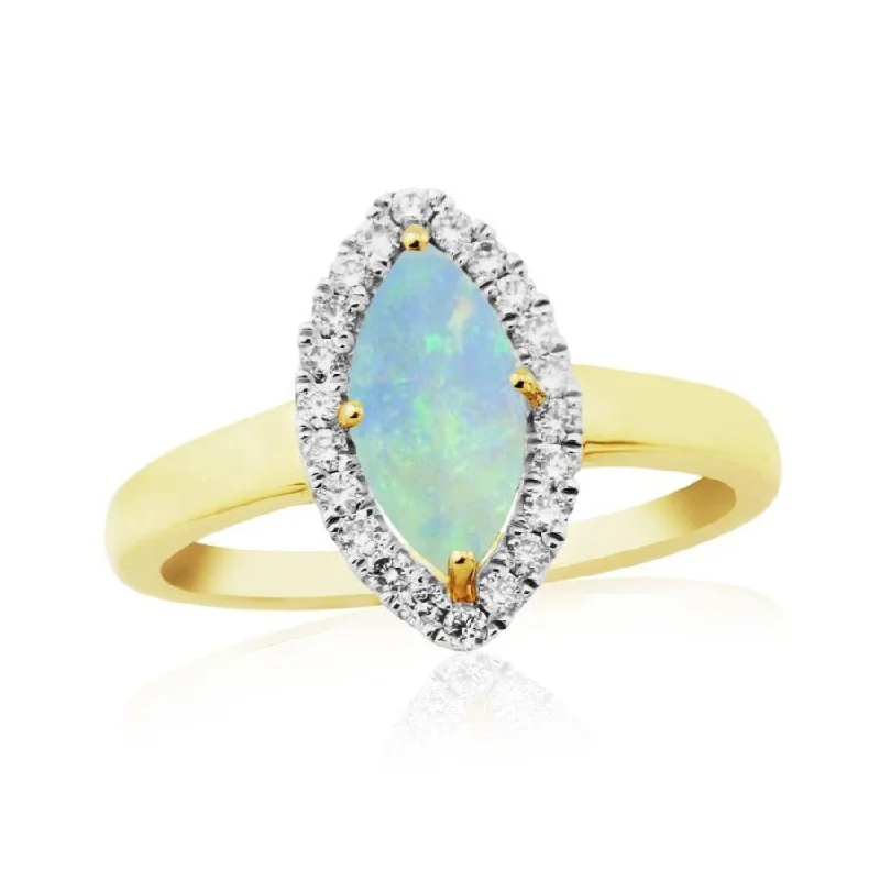 Retro style engagement rings-9ct Yellow Gold Marquise Cut Opal & Diamond Halo Cluster Ring