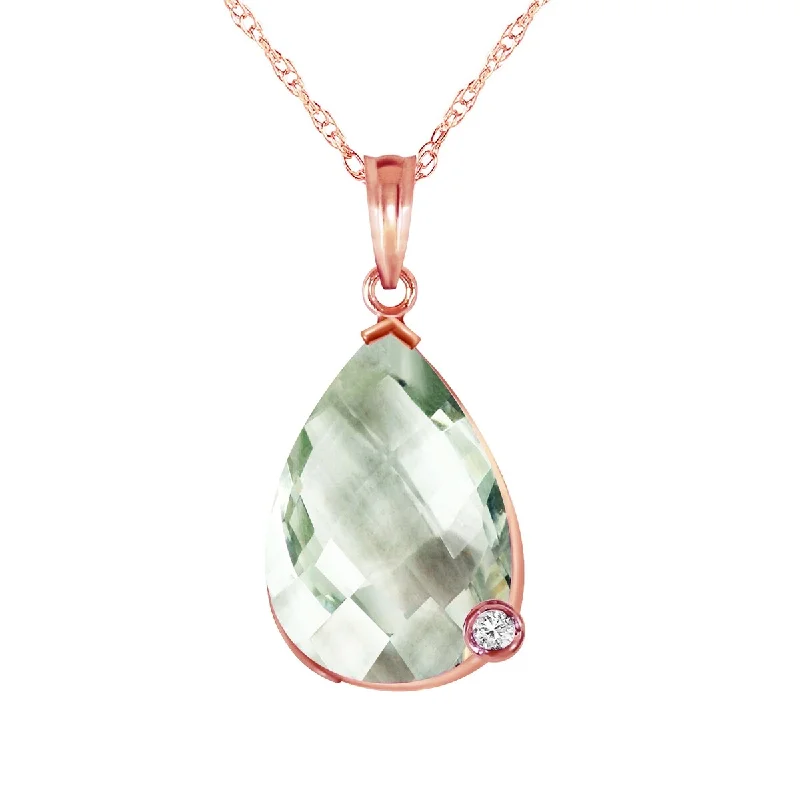 Linen cord necklaces-14K Solid Gold Necklace w/ Briolette Checkerboard Cut Green Amethyst & Diamond