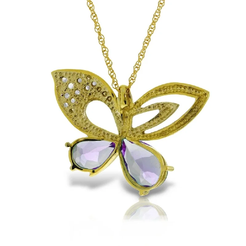 Fairy wing necklaces-14K Solid Gold Batterfly Necklace with Natural Diamonds & Amethysts