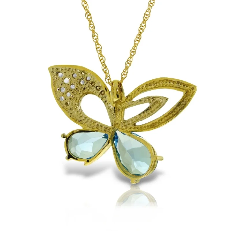 Tie-style necklaces-14K Solid Gold Batterfly Necklace with Natural Diamonds & Blue Topaz