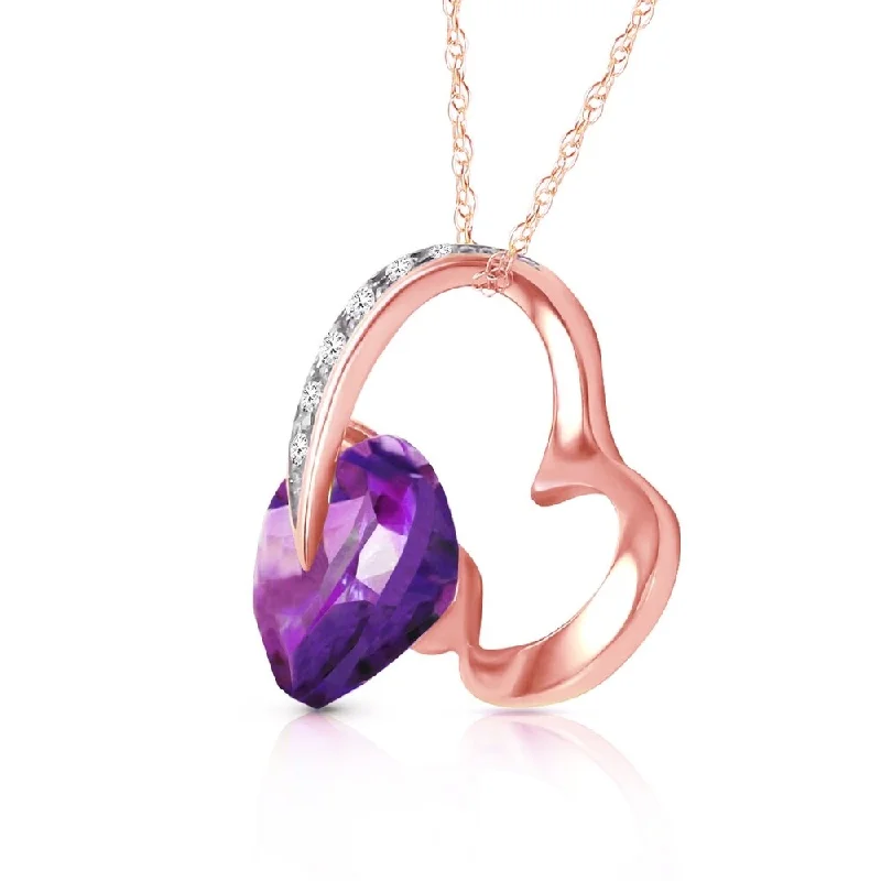 Yarn fringe necklaces-14K Solid Rose Gold Heart Necklace with Natural Diamond & Amethyst