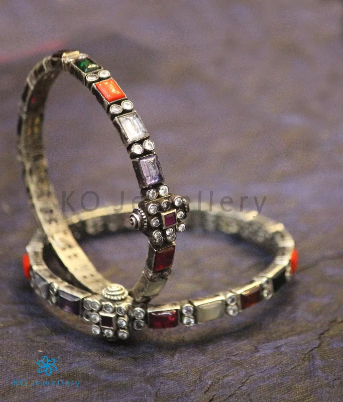 Multi-stone bangles-The Sattva Silver Navratna Bracelet (Oxidised/Size 2.2/2.4/2.6)