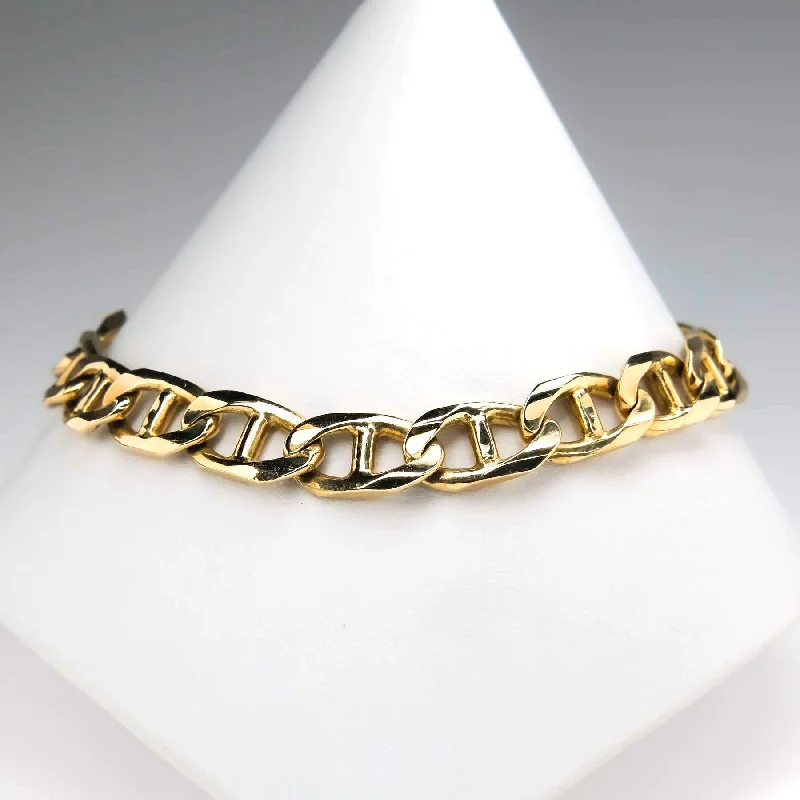 Wide cuff bangles-8.4mm Wide Solid Mariner Anchor Gucci Link 8.75" Chain Bracelet in 14K Yellow Gold