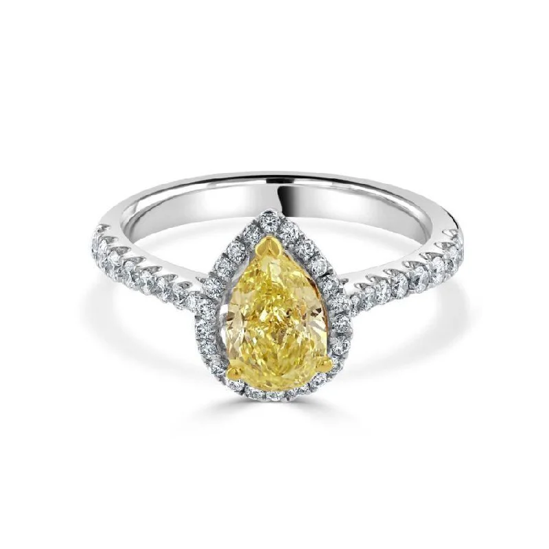 Satin gold engagement rings-18ct White Gold Pear Cut Yellow Diamond Halo Cluster Ring with Diamond Shoulders