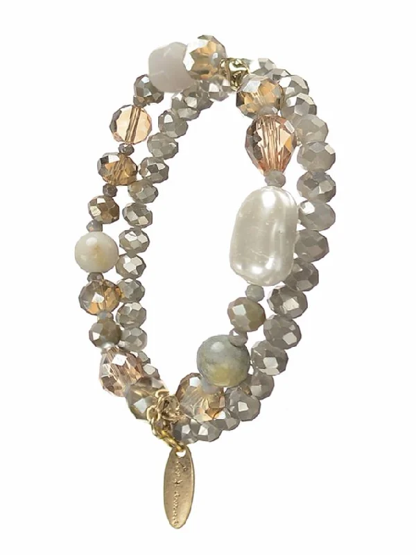 Chunky gem bangles-Hot Tomato Crystal & Faux Pearl Elas Duo Bracelet in Warm Grey and Golden