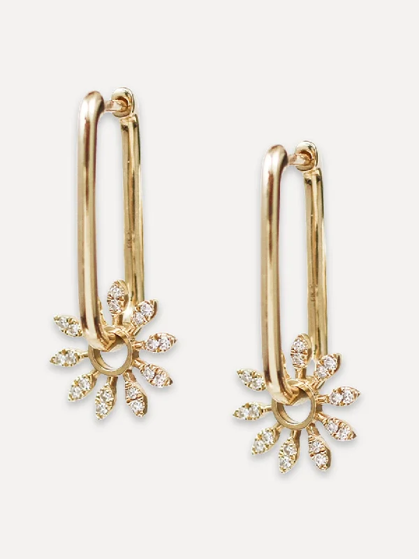 Thick hoop earrings-14K Diamond Flower Charms On Elongated Hoops