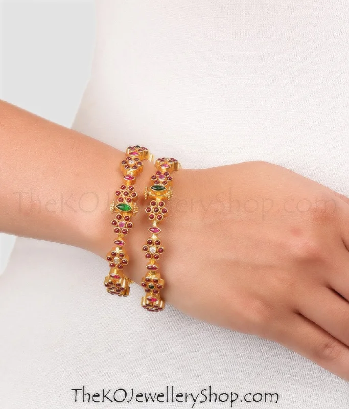 Cultured pearl bangles-The Puspavat Silver Navarathna Gemstone Bracelet(Size /2.2/2.4/2.6/2.8)