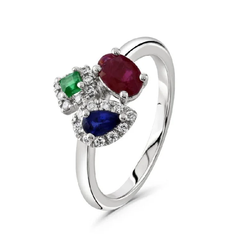 Light accent engagement rings-18ct White Gold Sapphire, Emerald and Ruby ring with Diamond surrounds