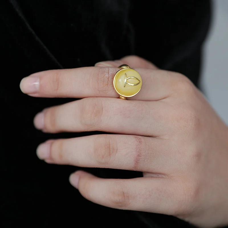 Pink gem rings-REBORN 'Earth' Oracle Bone Amber   Customized Open Ring