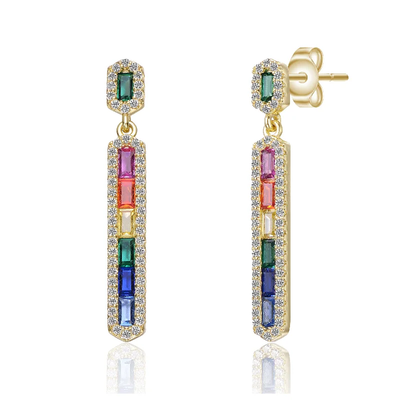 Fine threader earrings-Sterling Silver 14k Gold Plated Rainbow & White Cubic Zirconia Linear Dangle Earrings