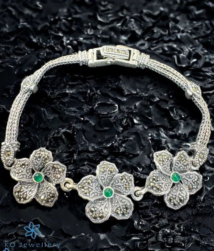 Oval stone bangles-The Floral Sparkle Silver Marcasite Bracelet (Green)