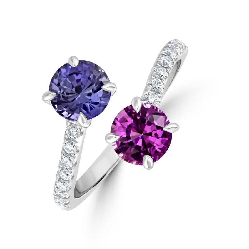 Spiral gem engagement rings-18ct White Gold Pink & Purple Sapphire & Diamond Crossover Ring