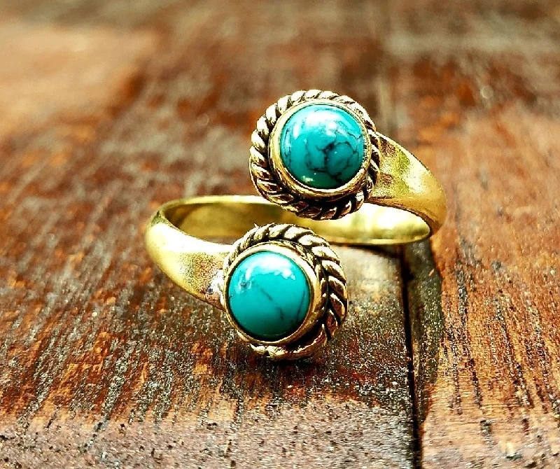 Small stack rings-Adjustable Brass Turquoise Ring