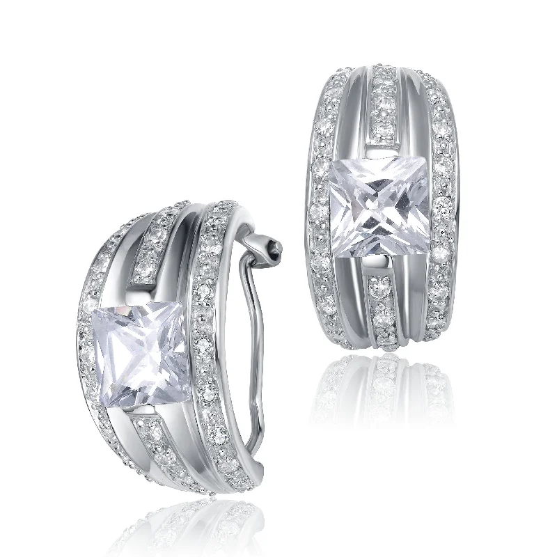 Smooth stud earrings-Rhodium-Plated Sterling Silver Cubic Zirconia Hoop Earrings