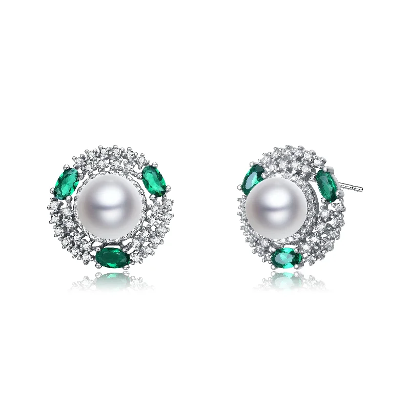 Sapphire stud earrings-Sterling Silver Pearl Emerald Cubic Zirconia and Rhodium Plating Stud Earrings