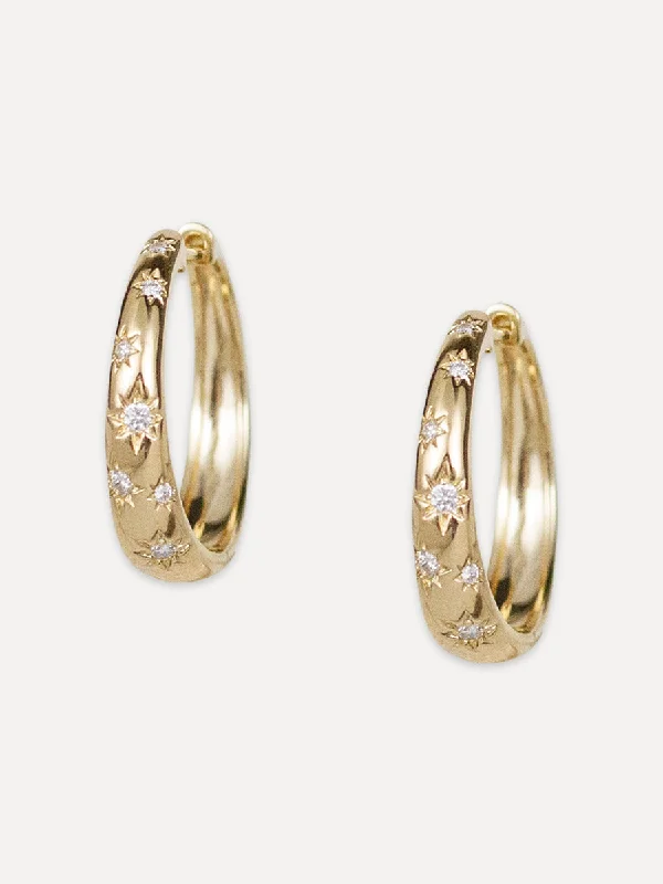 Aged bronze earrings-14K Diamond Star Narrow Tapered Hoops