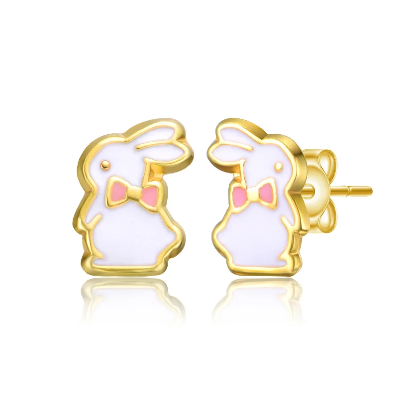 Sleek gold earrings-14k Gold Plated White Enamel & Pink Bow Tie Bunny Rabbit Stud Earrings