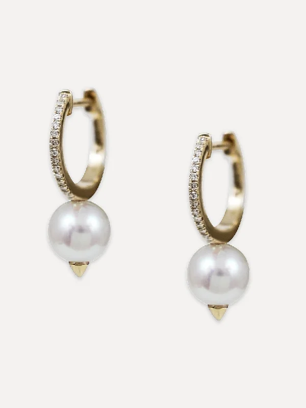 Light drop earrings-14K Diamond & White Pearl Drop Huggies