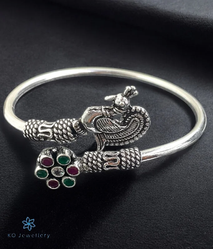 Chunky cuff bangles-The Apsara Silver Peacock Openable Gemstone Bracelet