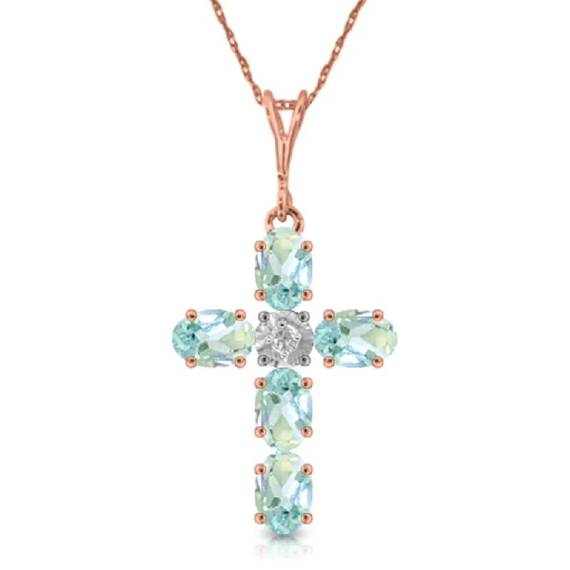 Twisted knot necklaces-1.75 Carat 14K Rose Gold Cross Necklace Natural Diamond Aquamarine