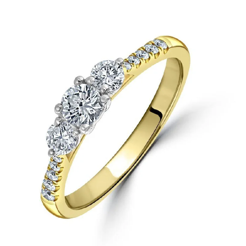 Thai style engagement rings-18ct Yellow Gold Round Brilliant Cut Diamond Trilogy Ring with Diamond Shoulders