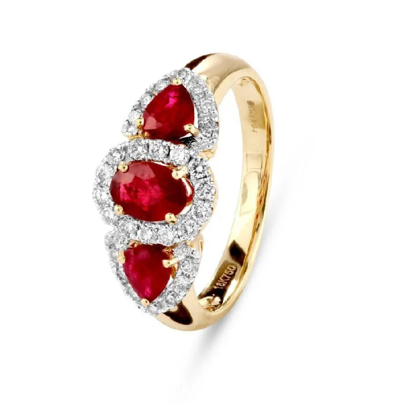 Rose gold engagement rings-18ct yellow & white gold Ruby & Diamond triple cluster ring