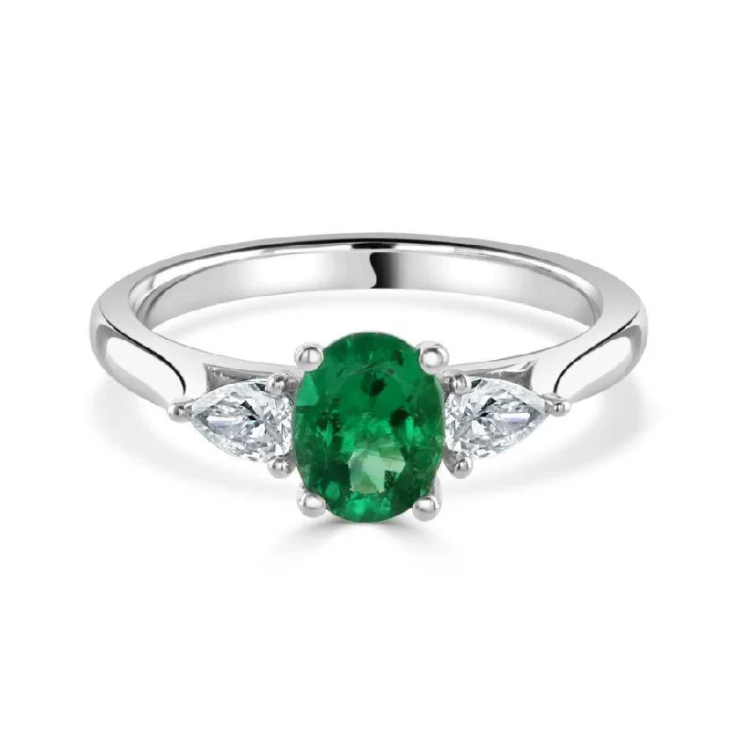 Spiral shank engagement rings-Platinum Oval Cut Emerald & Pear Cut Diamond Trilogy Ring