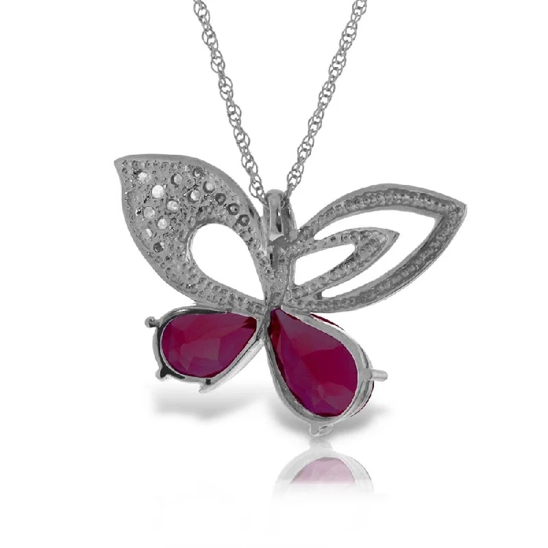 Neat-line necklaces-14K Solid White Gold Batterfly Necklace withNatural Diamonds & rubyes