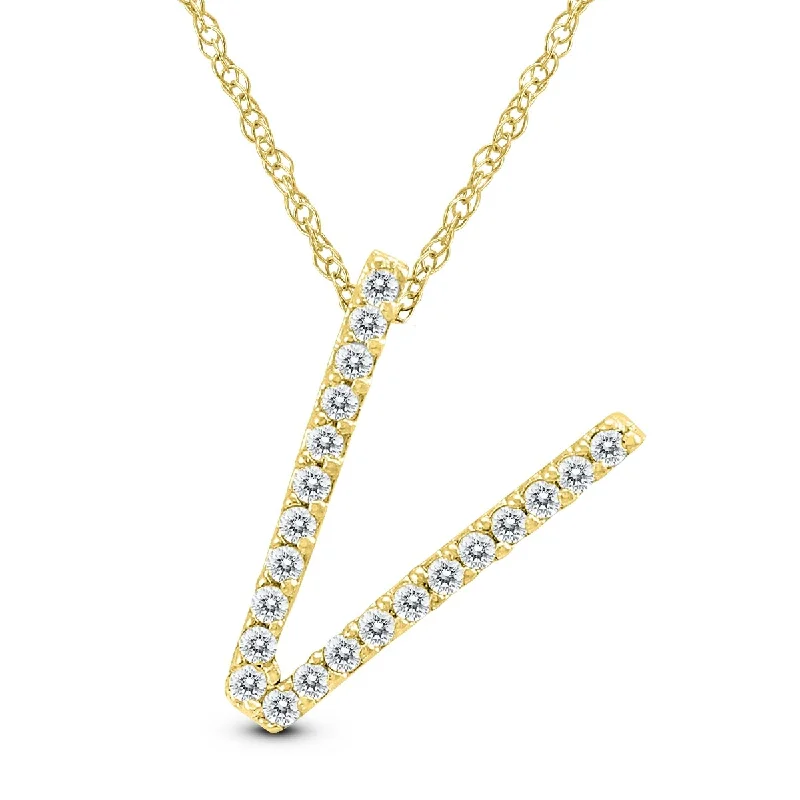 Glittering crystal necklaces-Marquee 1/8 Carat TW V Initial Diamond Pendant Necklace in 10K Yellow Gold with Adjustable Chain