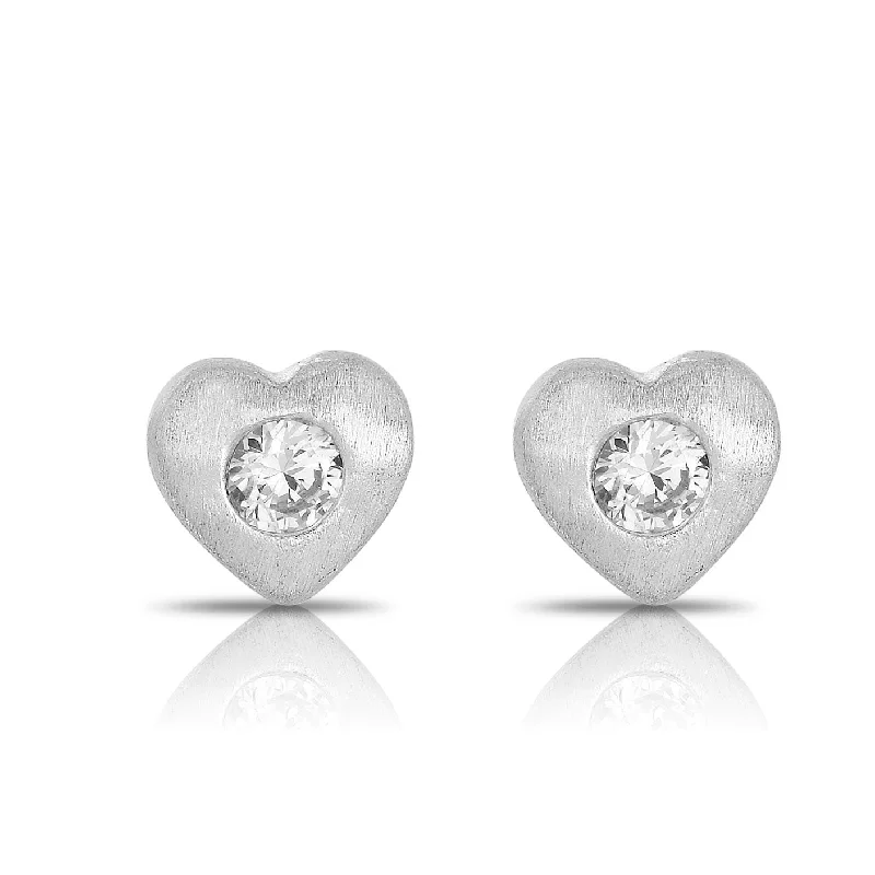 Crystal-twisted earrings-C.Z. Sterling Silver Rhodium Plated Brushed Bezel Set Heart Shape Earrings