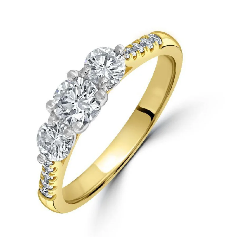 Sculpted stone engagement rings-18ct Yellow Gold Round Brilliant Cut Diamond 3-Stone Ring with Diamond Shoulders