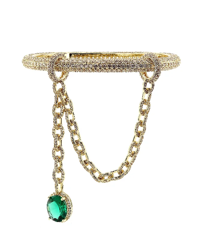 Fine bead bangles-Micro Pave CZ Bangle Bracelet w/ Emerald Green CZ