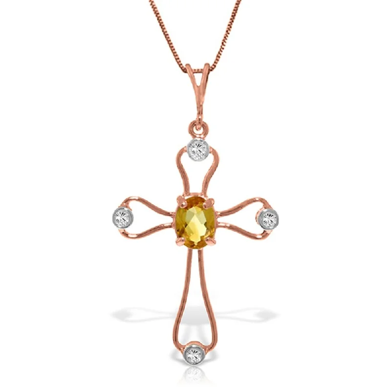 Tiered link necklaces-14K Solid Rose Gold Cross Necklace withNatural Diamonds & Citrine