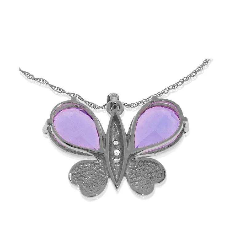 Patina bronze necklaces-14K Solid White Gold Batterfly Necklace with Natural Diamonds & Amethysts