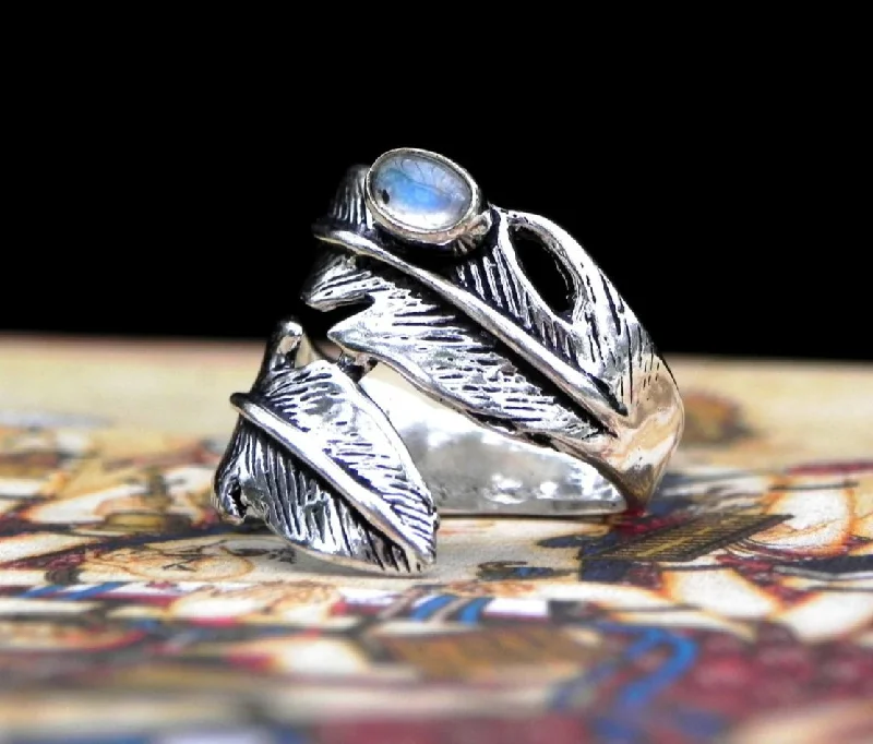 Curved art rings-Moonstone Feather Ring