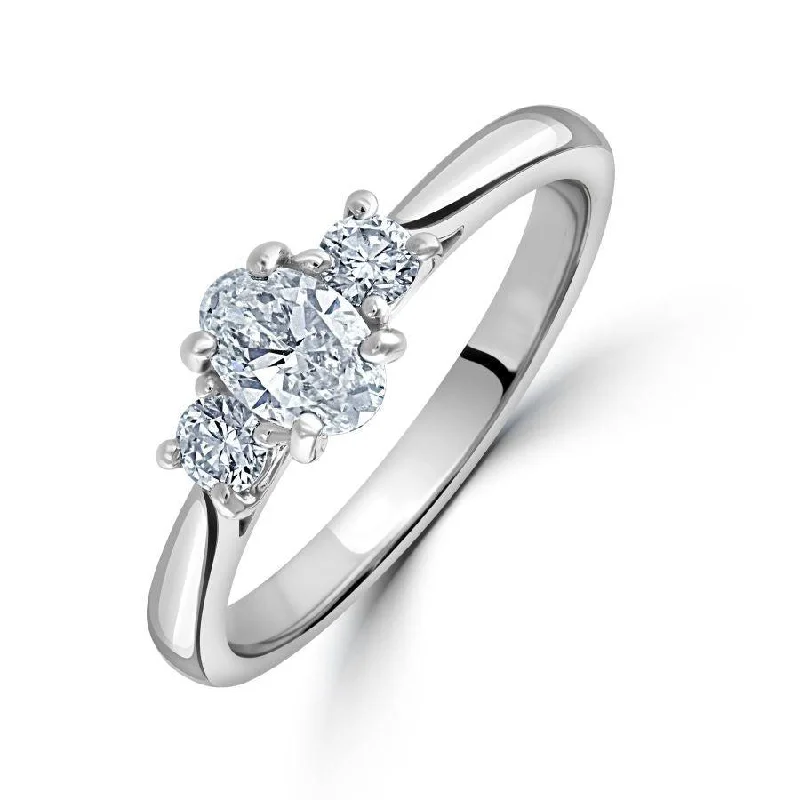 Fiber edge engagement rings-Platinum Oval & Round Brilliant Cut Diamond Trilogy Ring