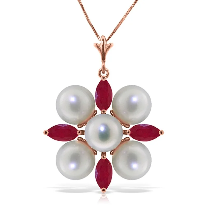 Curved gem necklaces-6.3 Carat 14K Solid Rose Gold Necklace Ruby pearl