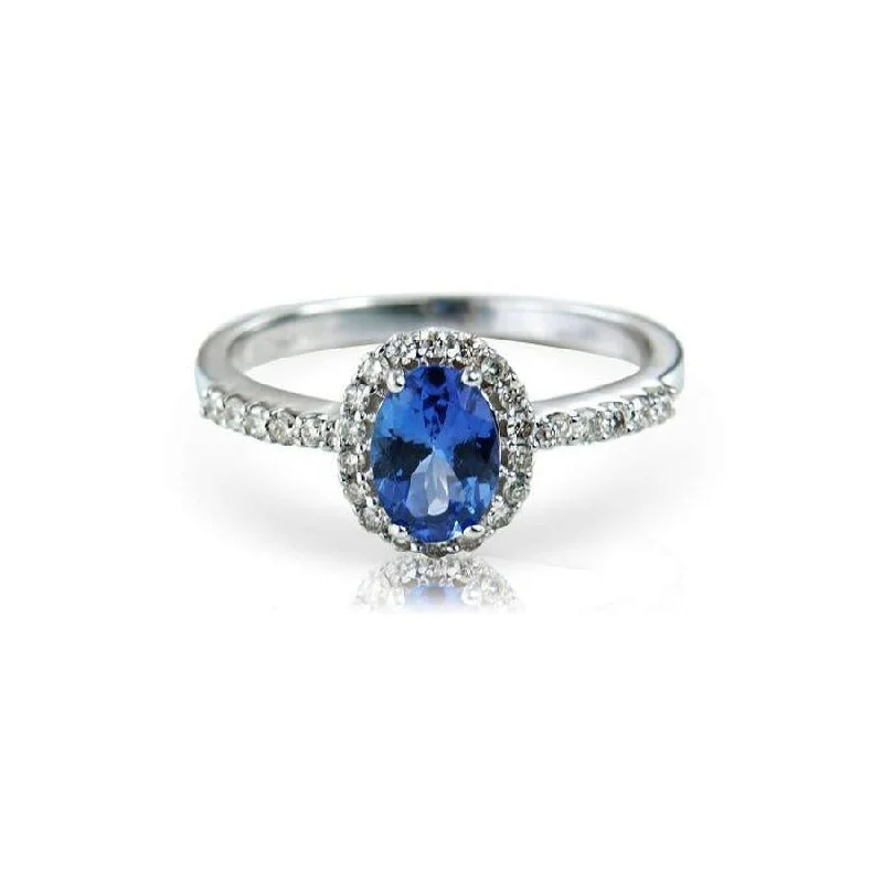 Princess cut engagement rings-9ct White Gold Oval Cut Tanzanite & Diamond Halo Cluster Ring with Diamond Shoulders