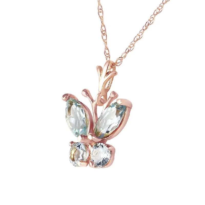 Stamped initial necklaces-0.6 Carat 14K Solid Rose Gold Butterfly Necklace Aquamarine