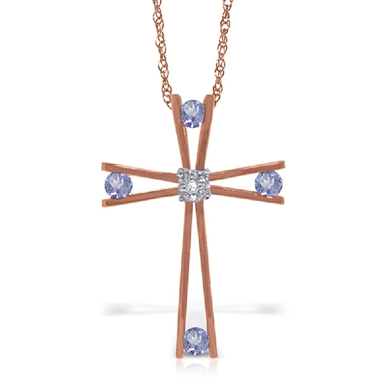 Tribal braid necklaces-14K Solid Rose Gold Cross Necklace withNatural Diamond & Tanzanites