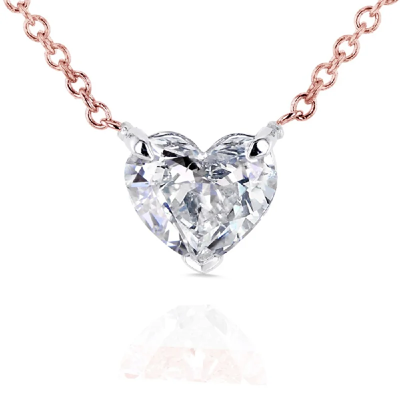 Nine-strand necklaces-Annello by Kobelli 14k Rose Gold Floating Heart Certified 3/4ct Diamond Solitaire Necklace