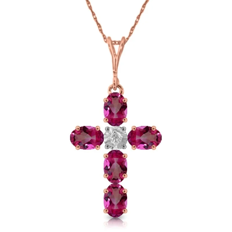 Stellar charm necklaces-1.88 Carat 14K Rose Gold Cross Necklace Natural Diamond Pink Topaz