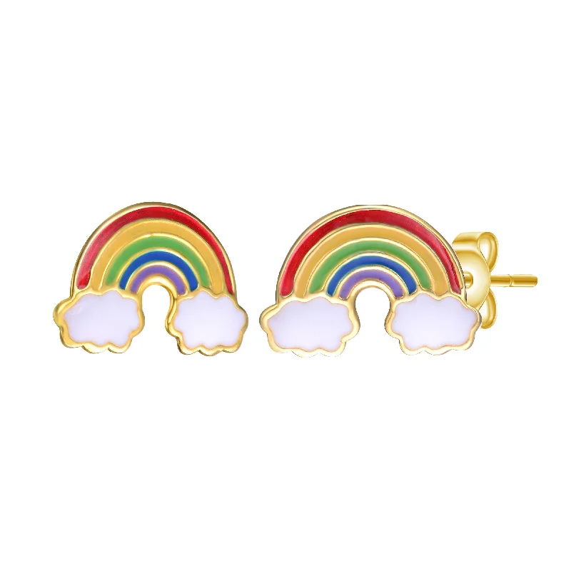 Twine bead earrings-14k Gold Plated Colorful Rainbow Enamel & White Cloud Stud Earrings