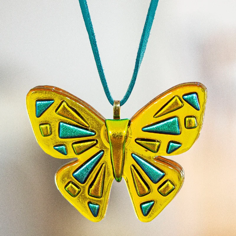 Silk cord necklaces-Novica Handmade Sunny Butterfly Fused Glass Pendant Necklace