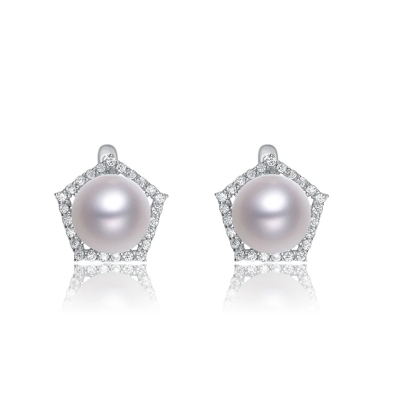 Wide cuff earrings-Cubic Zirconia Sterling Silver Rhodium Plated Pearl Earrings