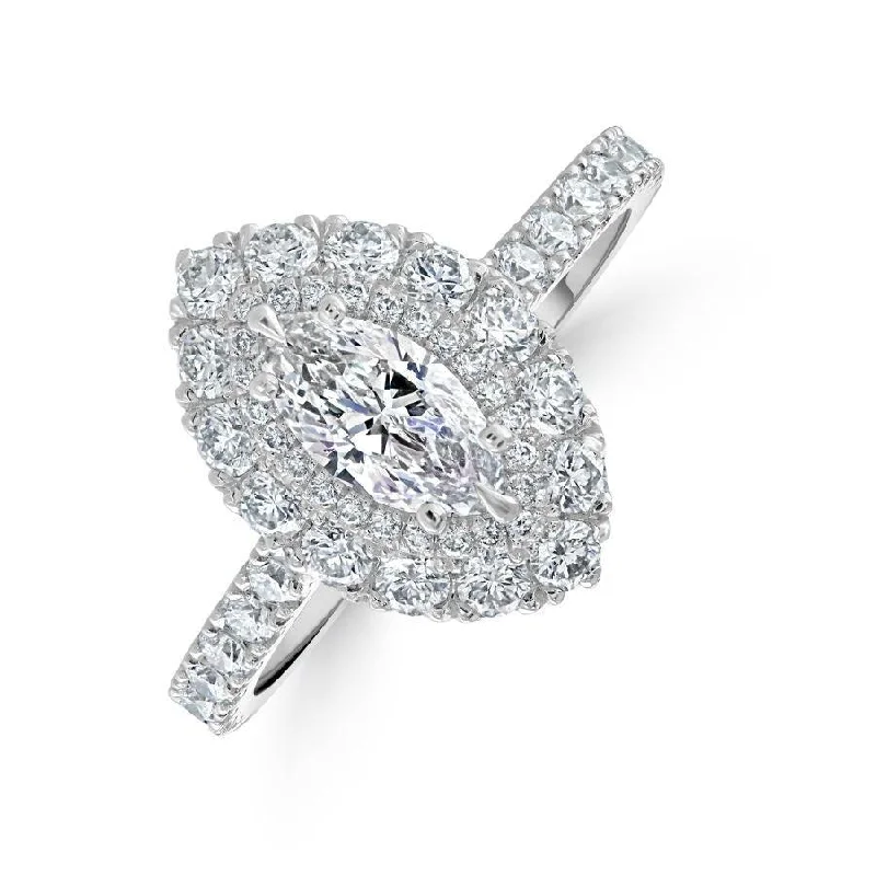 Square stone engagement rings-Platinum Marquise-Shaped Diamond Double Halo Cluster Ring with Diamond Shoulders